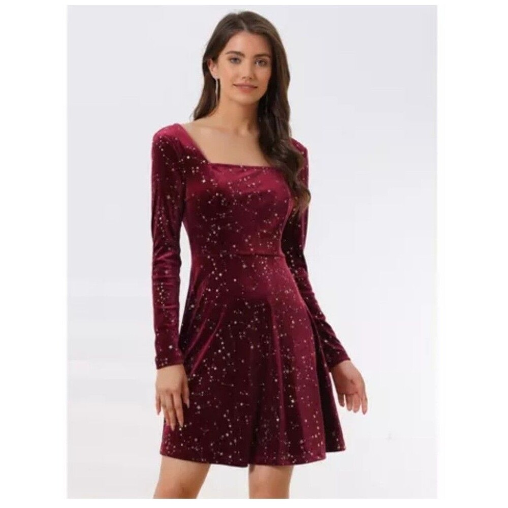 Red Star Print Square Neck Long Sleeve Velvet Mini Dress Size L Holiday
